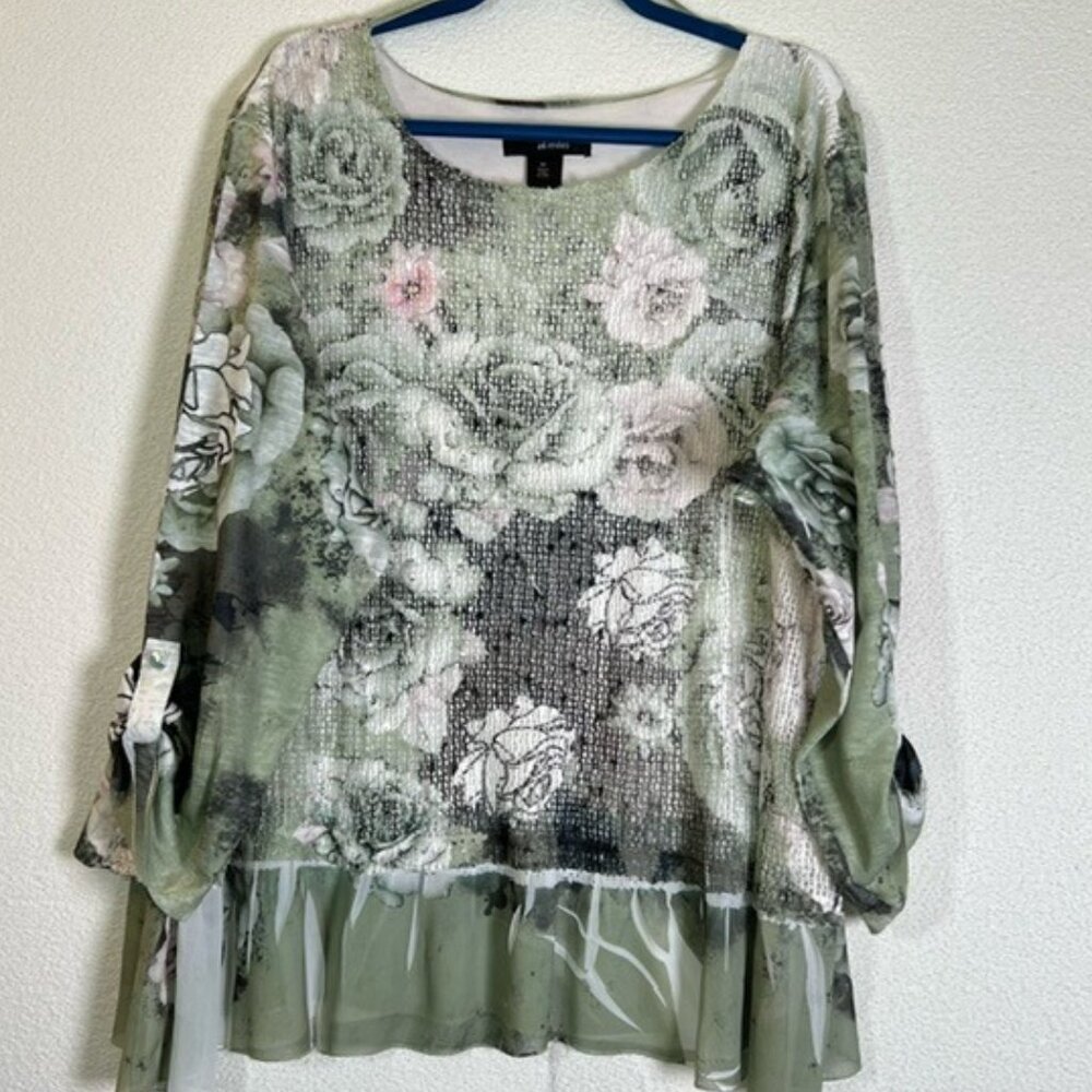 Ali Miles Layered Tunic Womens Plus Size Florals 3/4 Roll-Tab Sleeves 3X